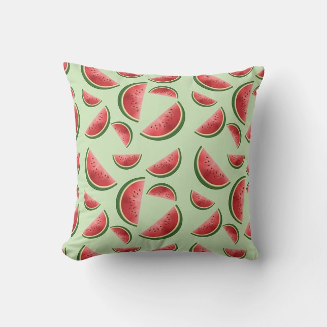 Watermelon Fruit Pattern On Green Throw Pillow (Front)