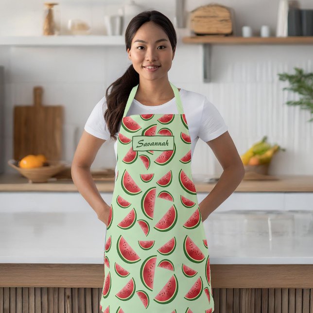 Watermelon Fruit Pattern On Green With Custom Name Apron (Creator Uploaded)