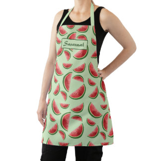 Watermelon Fruit Pattern On Green With Custom Name Apron