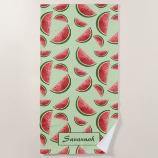 Watermelon Fruit Pattern On Green With Custom Name Beach Towel