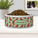 Watermelon Fruit Pattern On Green With Custom Name Bowl<br><div class="desc">Destei's red and green color watermelon fruit slice pattern on a light green background color. There is also a personalizable text area for a name or other custom text such as "dinner" or "water",  for example.</div>