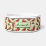 Watermelon Fruit Pattern On Green With Custom Name Bowl<br><div class="desc">Destei's red and green color watermelon fruit slice pattern on a light green background color. There is also a personalizable text area for a name or other custom text such as "dinner" or "water",  for example.</div>