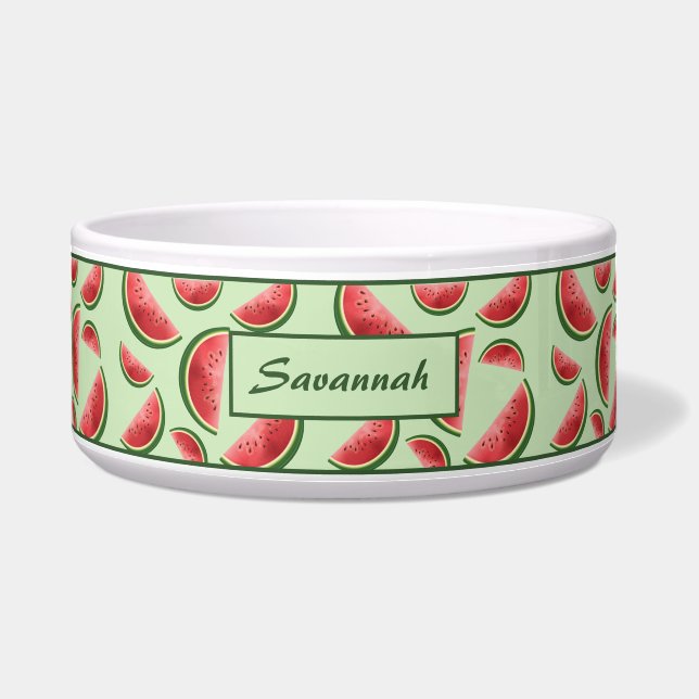 Watermelon Fruit Pattern On Green With Custom Name Bowl (Front)