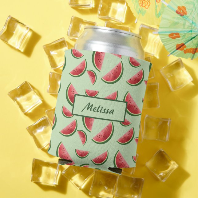 Watermelon Fruit Pattern On Green With Custom Name Can Cooler (In Situ Summer)