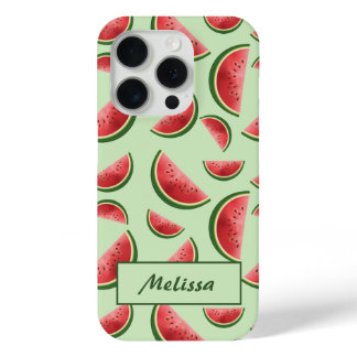 Watermelon Fruit Pattern On Green With Custom Name iPhone 15 Pro Case