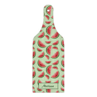 Watermelon Fruit Pattern On Green With Custom Name Cutting Board
