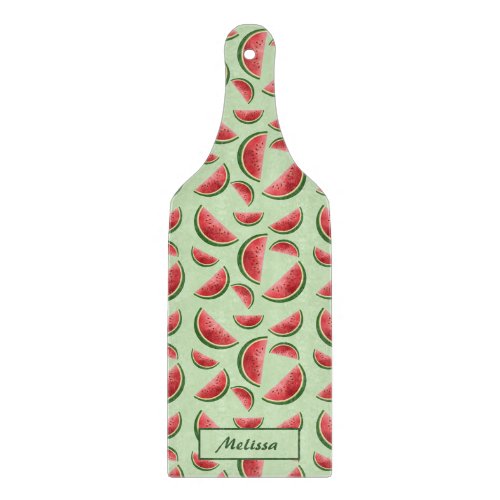 Watermelon Fruit Pattern On Green With Custom Name Cutting Board