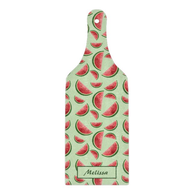 Watermelon Fruit Pattern On Green With Custom Name Cutting Board (Front)