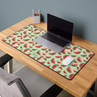 Watermelon Fruit Pattern On Green With Custom Name Desk Mat