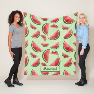 Watermelon Fruit Pattern On Green With Custom Name Fleece Blanket