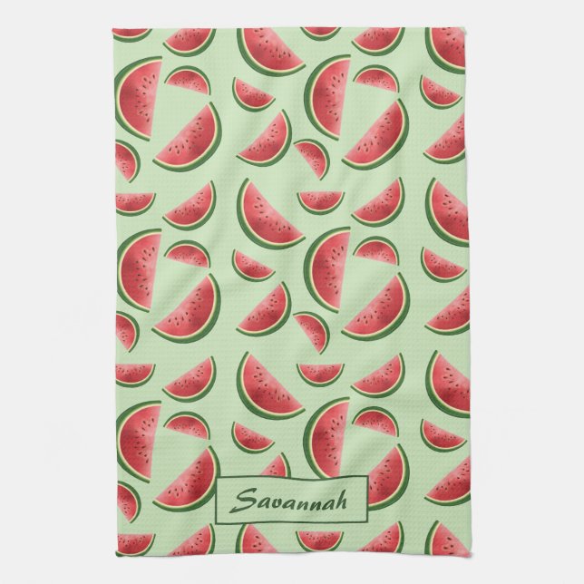 Watermelon Fruit Pattern On Green With Custom Name Kitchen Towel (Vertical)