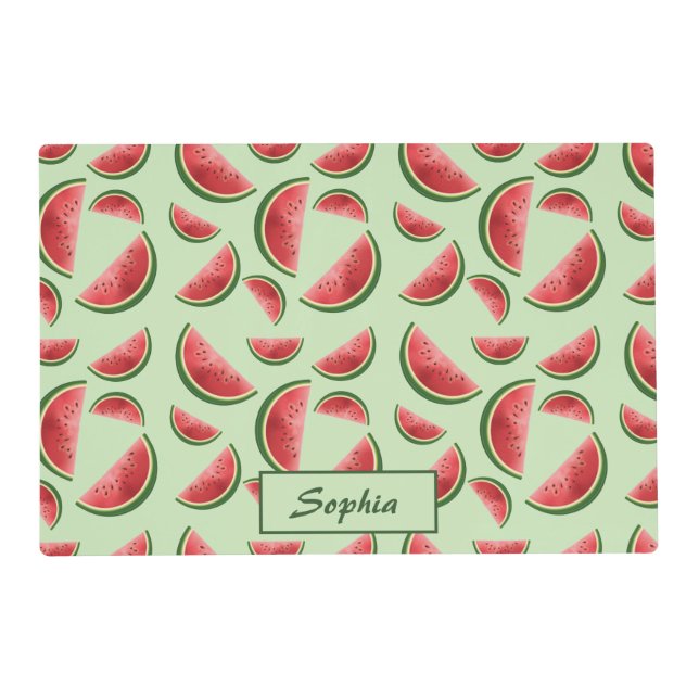 Watermelon Fruit Pattern On Green With Custom Name Placemat (Front)