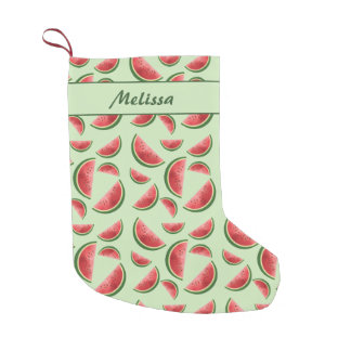 Watermelon Fruit Pattern On Green With Custom Name Small Christmas Stocking