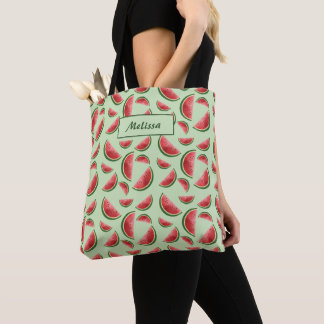 Watermelon Fruit Pattern On Green With Custom Name Tote Bag