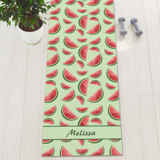 Watermelon Fruit Pattern On Green With Custom Name Yoga Mat