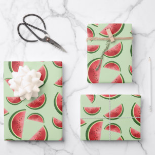 Watermelon Fruit Pattern On Green Wrapping Paper Sheets