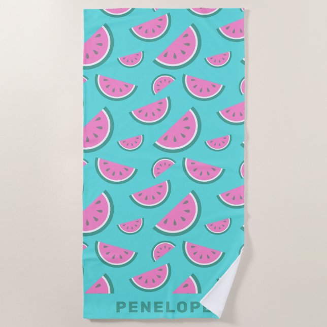 Watermelon Fruit Pattern Turquoise Personalized Beach Towel (Front)
