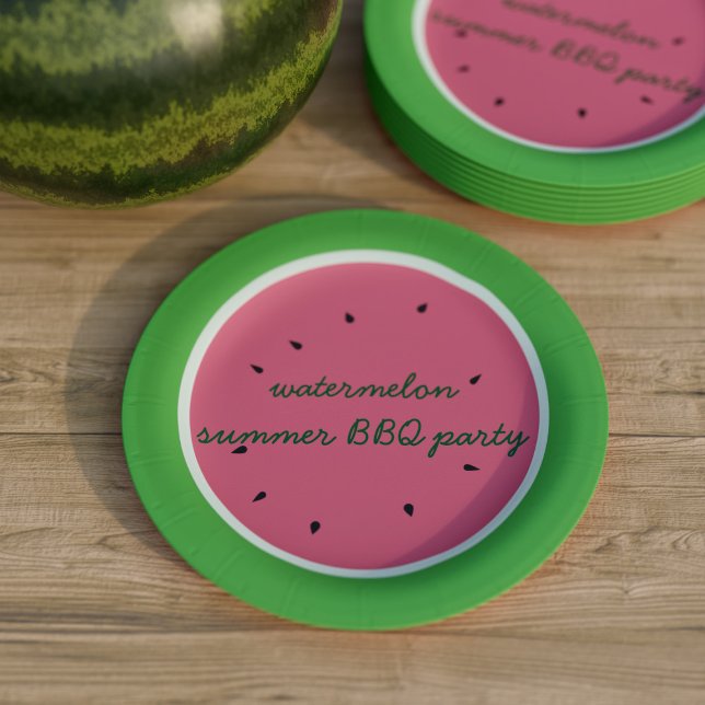 Watermelon Fruit Pink and Green Summer BBQ Party Paper Plates (🍉Watermelon is THE fruit of summer and perfect party food. Just at the details of yours🍉)