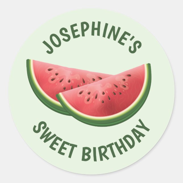 Watermelon Fruit Slices On Green And Text Birthday Classic Round Sticker (Front)
