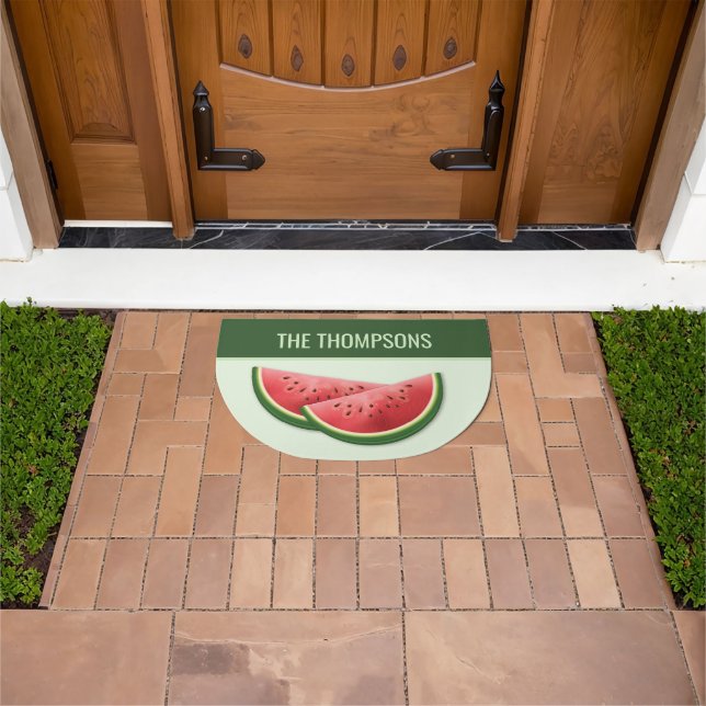 Watermelon Fruit Slices On Green With Custom Name Doormat (Outdoor)