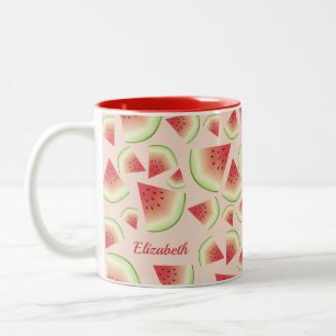 Watermelon Fruit Slices Pattern And Custom Name Two-Tone Coffee Mug
