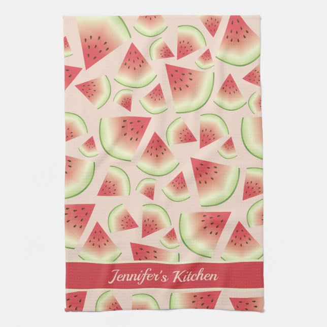 Watermelon Fruit Slices Pattern And Custom Text Kitchen Towel (Vertical)
