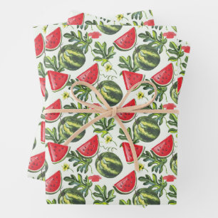 Watermelon Fruit, Watermelon Slices and Leaves Wrapping Paper Sheets