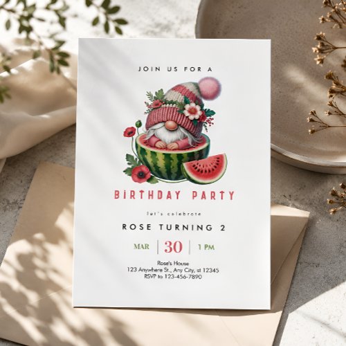 Watermelon Gnome 2nd Birthday Invitation