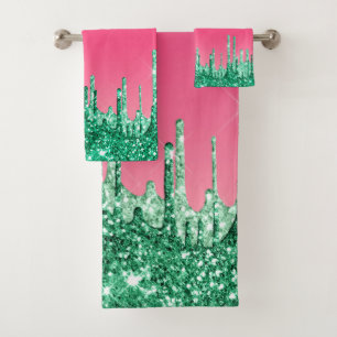 Watermelon Green and Pink Glitter Dripping Luxury Bath Towel Set
