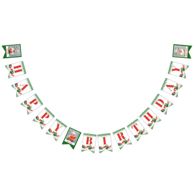 Watermelon Green Glitter Custom 3 Photo Birthday Bunting Flags (All)