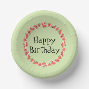 Watermelon Green Pieces Circle Happy Birthday Paper Bowls