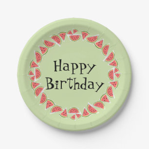 Watermelon Green Pieces Circle Happy Birthday Paper Plates