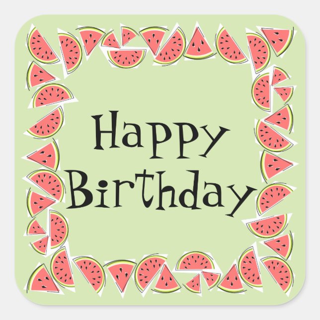 Watermelon Green Pieces Square Happy Birthday Sticker (Front)