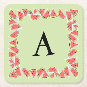 Watermelon Green Pieces Square Monogram Paper Coaster