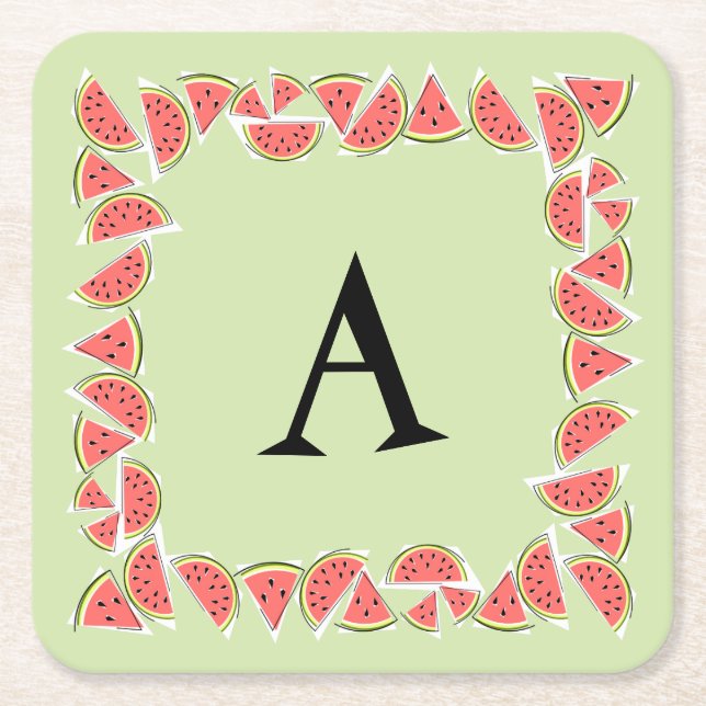 Watermelon Green Pieces Square Monogram Paper Coaster (Front)