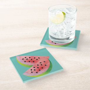 Watermelon Halves Pink Glass Coaster