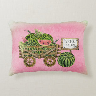 Watermelon Harvest Farmhouse Watercolor Wood Cart Accent Pillow