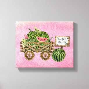 Watermelon Harvest Farmhouse Watercolor Wood Cart  Canvas Print