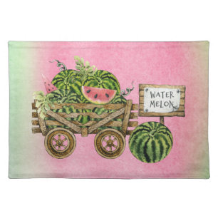 Watermelon Harvest Farmhouse Watercolor Wood Cart  Cloth Placemat