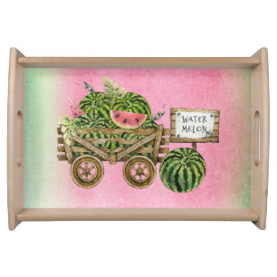 Watermelon Harvest Farmhouse Watercolor Wood Cart Serving Tray