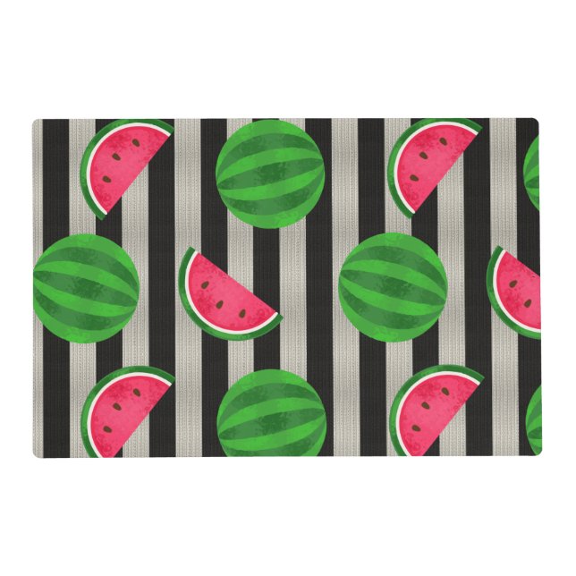 Watermelon Modern Black & White Stripes Placemat (Front)