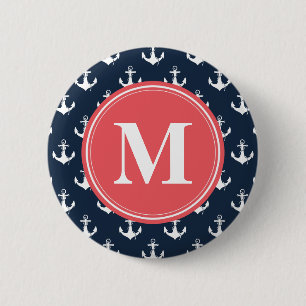 Watermelon Monogrammed Navy Blue Anchor Pattern Button