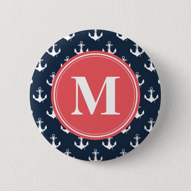 Watermelon Monogrammed Navy Blue Anchor Pattern Button (Front)