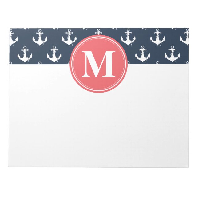 Watermelon Monogrammed Navy Blue Anchor Pattern Notepad (Front)