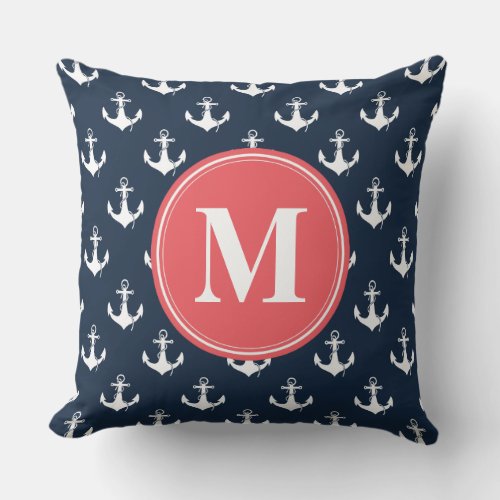 Watermelon Monogrammed Navy Blue Anchor Pattern Throw Pillow