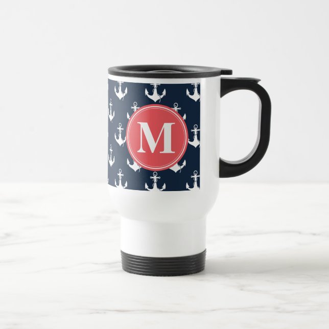 Watermelon Monogrammed Navy Blue Anchor Pattern Travel Mug (Right)