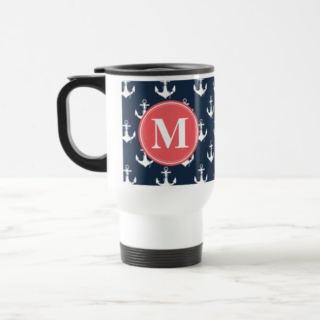 Watermelon Monogrammed Navy Blue Anchor Pattern Travel Mug