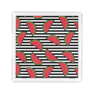 Watermelon on Black & White Stripes Pattern Acrylic Tray