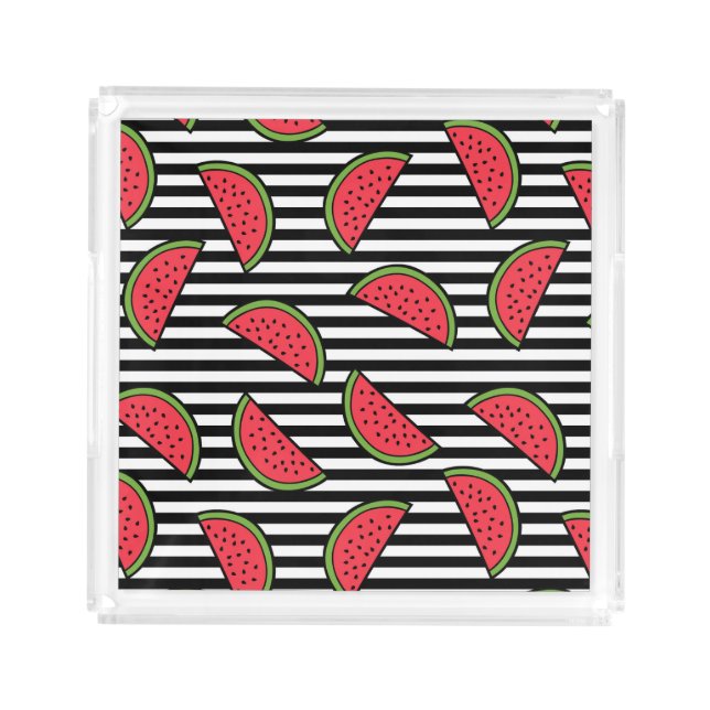 Watermelon on Black & White Stripes Pattern Acrylic Tray (Front)