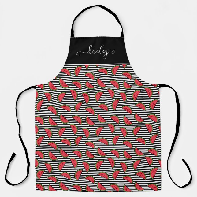 Watermelon on Black & White Stripes Pattern Apron (Front)